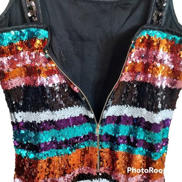 Shop 17 Full Sequin Mini Dress Multi Colored Rainbow Stripes Size Small NWOT - Picture 4 of 7